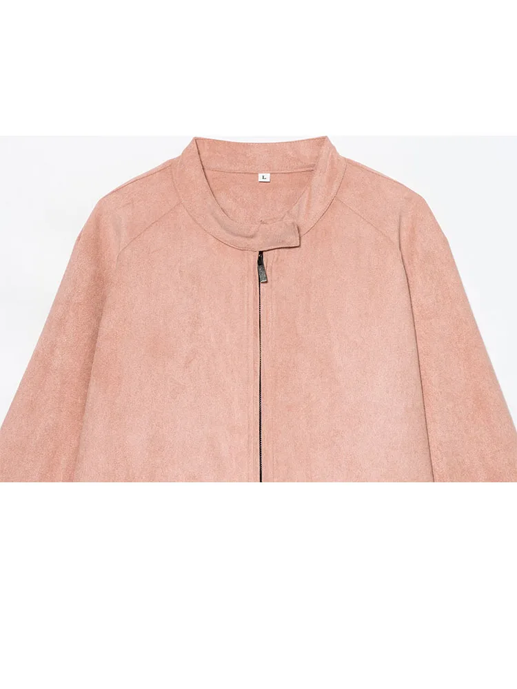 HH Donna Primavera Moda Colletto alla coreana Tinta unita Maniche lunghe Cerniera Giacca in pelle scamosciata Donna Chic Casual Sport Street Style Giacche 5