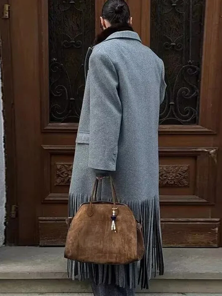 HH Giacca da donna in lana a maniche lunghe con risvolto moda invernale Cappotto da tasca con decorazione sull'orlo con frange doppio petto da donna High Street 6