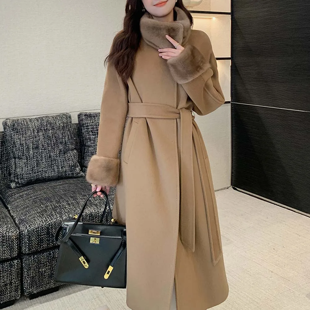 2025 Cappotto invernale da donna in cashmere caldo spesso Cappotto nero elegante Cappotti di lana in pelliccia di visone patchwork con lacci 5