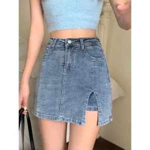 Gonna di jeans a vita alta Minigonna a trapezio da donna Moda estiva Gonna aderente sexy con lato aperto Previene l'esposizione 1