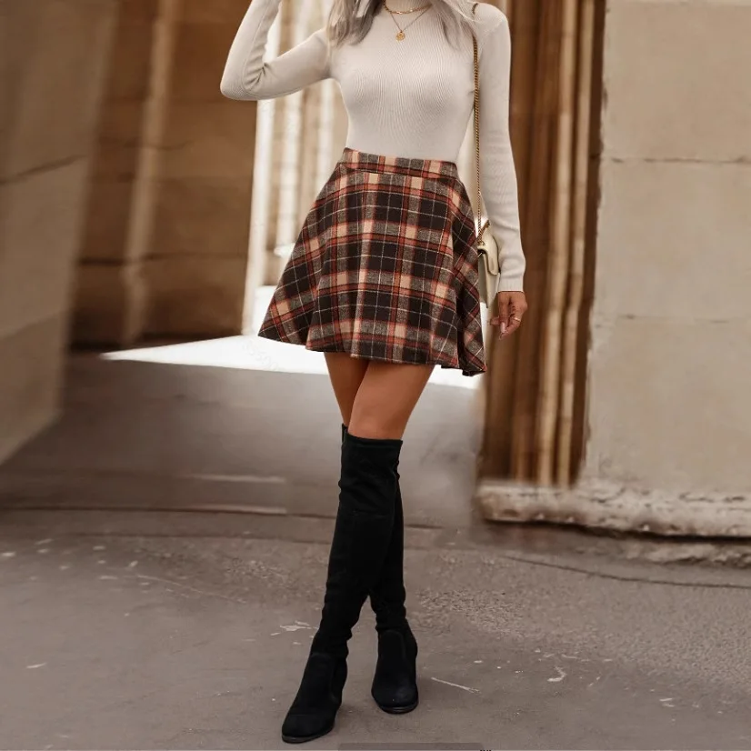 Minigonna a trapezio scozzese a vita alta da donna autunno inverno plus size gonna corta stile pendolare in fibra di poliestere dimagrante 4