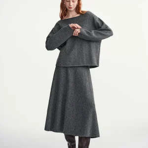 DUSHU Gonne set Donna Grigio Slash Neck Maglione allentato Abito lavorato a maglia Pendolarismo Office Lady Due pezzi Inverno Semplice Unisex Ins 1