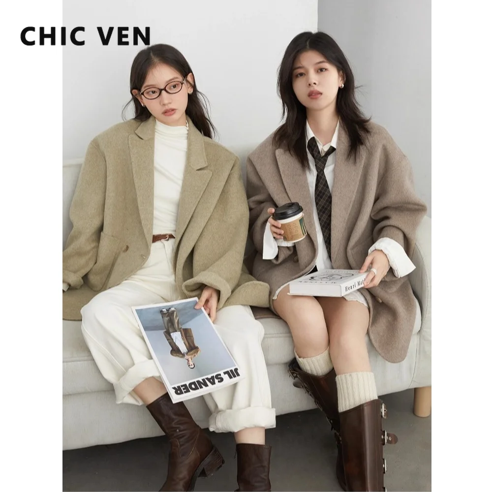 CHIC VEN Moda Donna Cappotto di lana Solido di media lunghezza Double-sided Giacche da donna oversize Capispalla femminile Autunno Inverno 2025 2