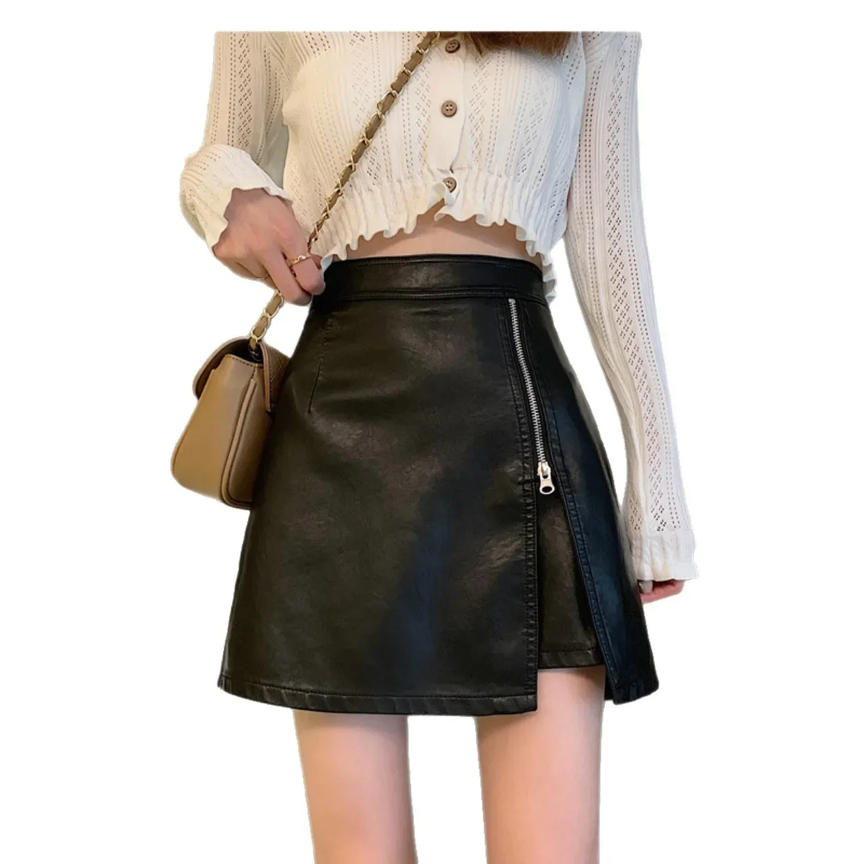 Minigonna in pelle PU alla moda a vita alta A-Line gonna corta con cerniera da donna primavera autunno gonna dimagrante gonna a mezza lunghezza 5