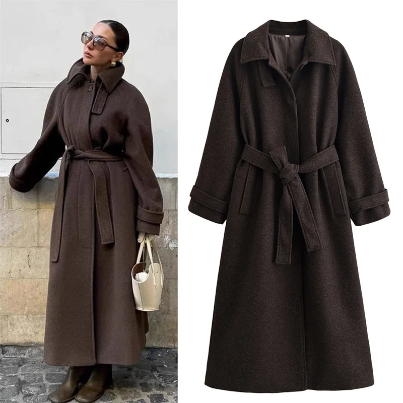 Cappotto da donna 2025 Inverno Nuovo stile Cappotto lungo di lana lungo con cintura a maniche lunghe marrone scuro Alla moda ed elegante 1