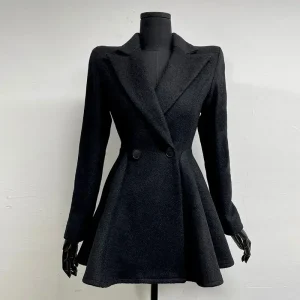 Abito di lana dimagrante in vita stile francese Nuovo pendolare di moda coreana Slim Fit Cappotto di lana nero di media lunghezza Abbigliamento donna 1
