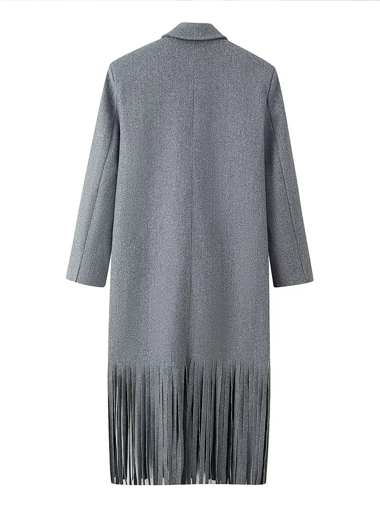 HH Giacca da donna in lana a maniche lunghe con risvolto moda invernale Cappotto da tasca con decorazione sull'orlo con frange doppio petto da donna High Street 3