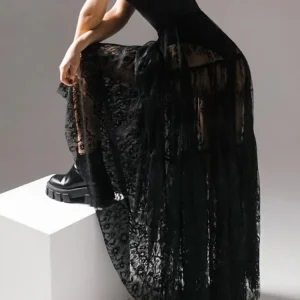 2025 Primavera Estate Donna Maxi gonne di pizzo sexy Gonna lunga svasata a vita alta solida per le donne Gonne lunghe nere Y2k per le donne 1