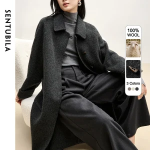 SENTUBILA Cappotto lungo da donna 100% lana 2025 Inverno Capispalla elegante Corno di toro Fibbia Grandi tasche Cappotto donna caldo W44O55978 1