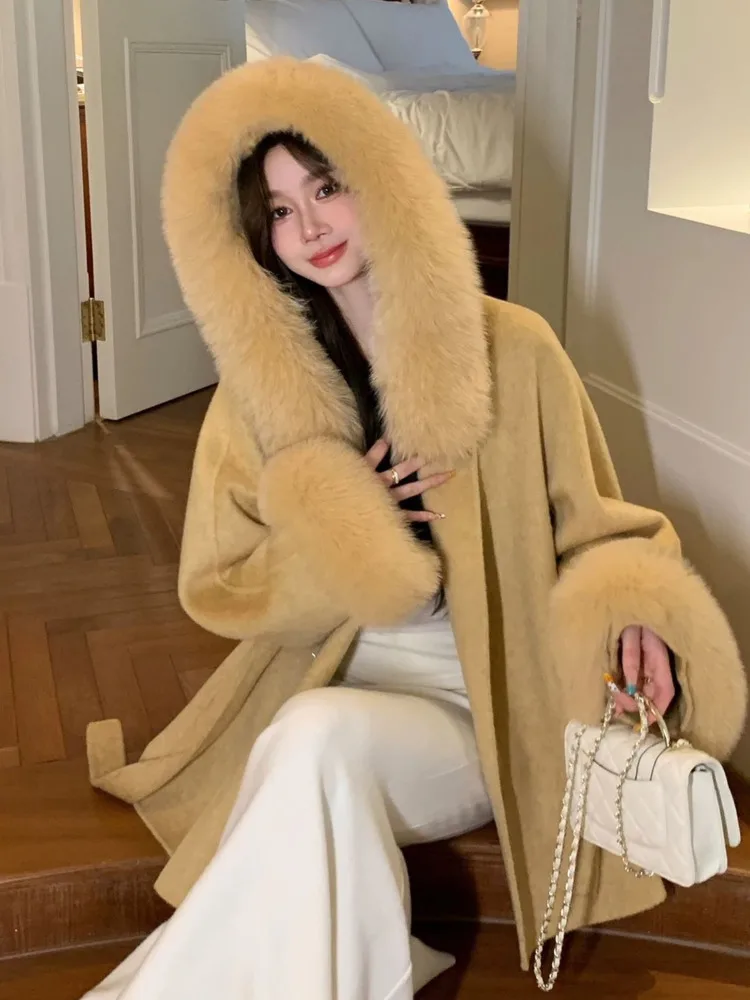 UCXQ Cappotto di lana double face caldo tinta unita Cappotto cardigan con cintura a maniche lunghe con cappuccio da donna 2025 Autunno Inverno Nuova marea 23Z4477 6