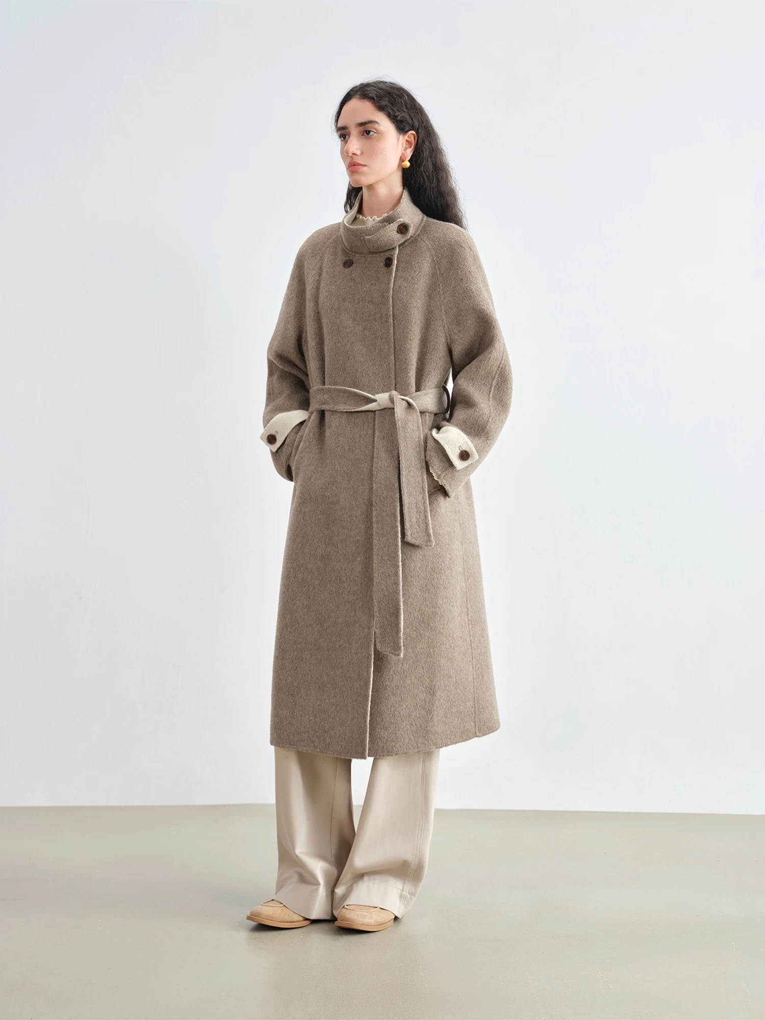 ZIQIAO Petite Cappotto di lana double face in pelo di cammello per donna 2025 Cappotto di lana giacca a vento nuovo stile Colletto alla coreana Retro elegante 4