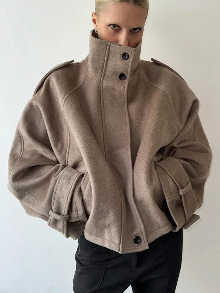 FSMG Cappotto di lana vintage con colletto allentato per donna Cappotto corto caldo a maniche lunghe solido casual Capispalla da strada alla moda 5