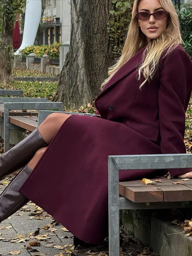 HH Cappotto bordeaux moda donna doppio petto manica lunga bavero misto giacca autunno inverno capispalla High Street 4