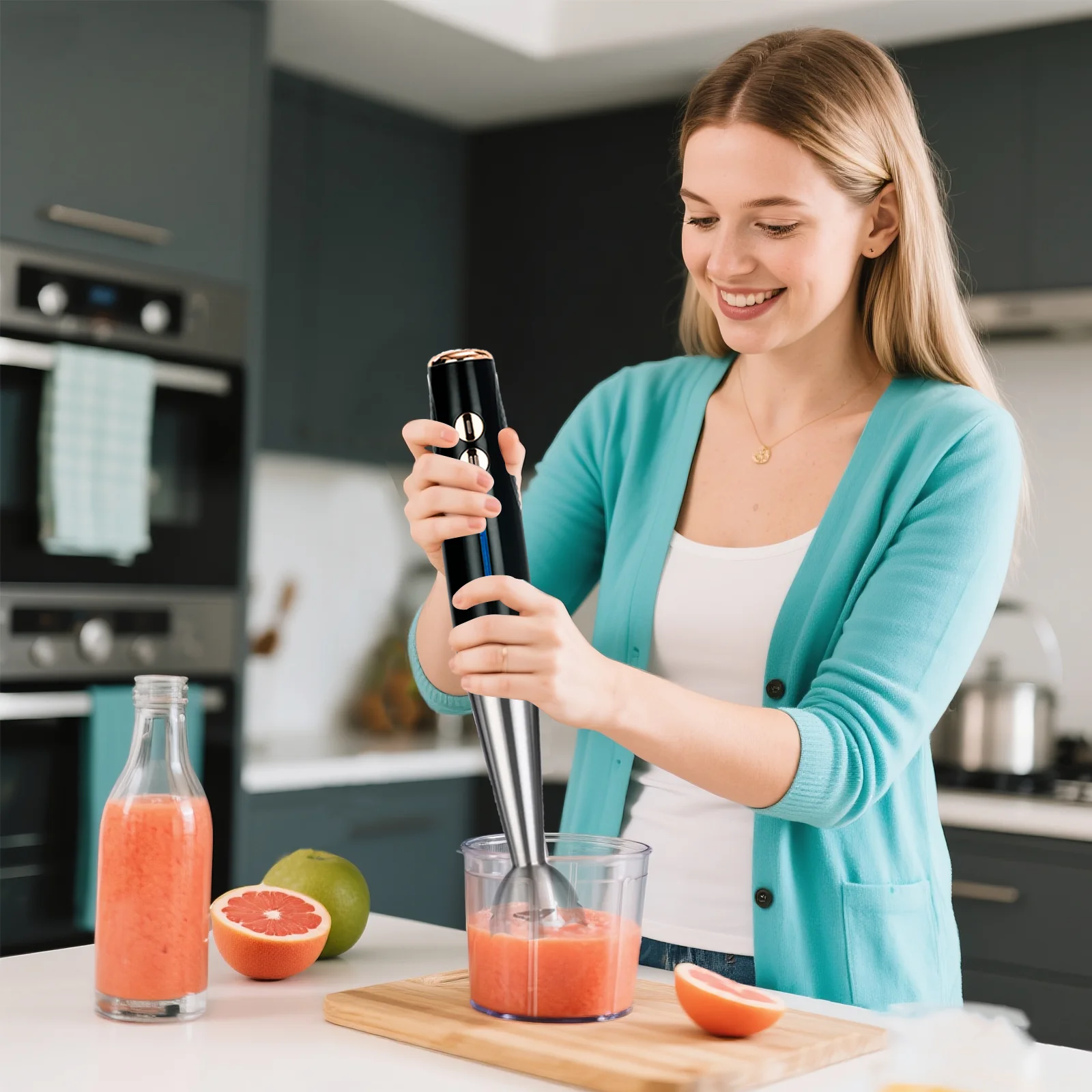 Frullatore manuale multifunzione 5 in 1 da 400 W, 16500 giri/min con frusta, tritatutto, montalatte e bicchiere senza BPA per zuppe, alimenti per bambini, frullato 6