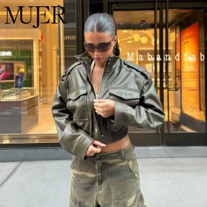 MUJER Giacca corta in ecopelle Donna Bomber Giacche da mezza stagione per donna Cappotti da donna a maniche lunghe Cappotto con zip Giacca da donna 1