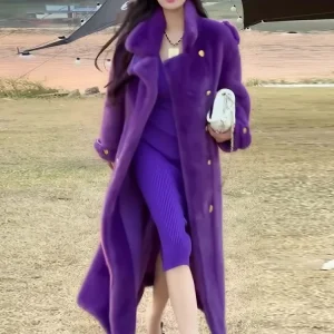 Elegante cappotto in pelliccia sintetica ecologico autunno inverno nuovo viola sciolto spesso doppio petto giacca lunga in peluche marea da donna 1