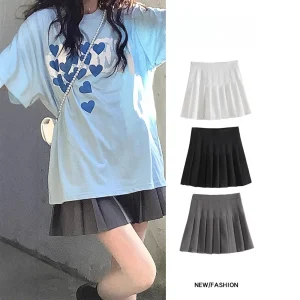 Minigonna grigia a linea A Gonne a pieghe primavera estate da donna Gonne corte a vita alta Tessuto in poliestere stile studente Dolce fresco 1