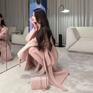 Cappotto di lana rosa temperamento Socialite di fascia alta francese inverno abbigliamento donna vita dimagrante Lace up a-line lungo cappotto di lana donna 1