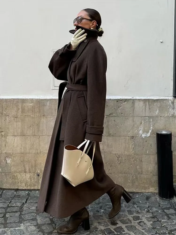 HH Giacca da donna in lana con cintura a maniche lunghe vintage moda invernale Cappotto lungo decorato con tasca monopetto casual da strada femminile 2