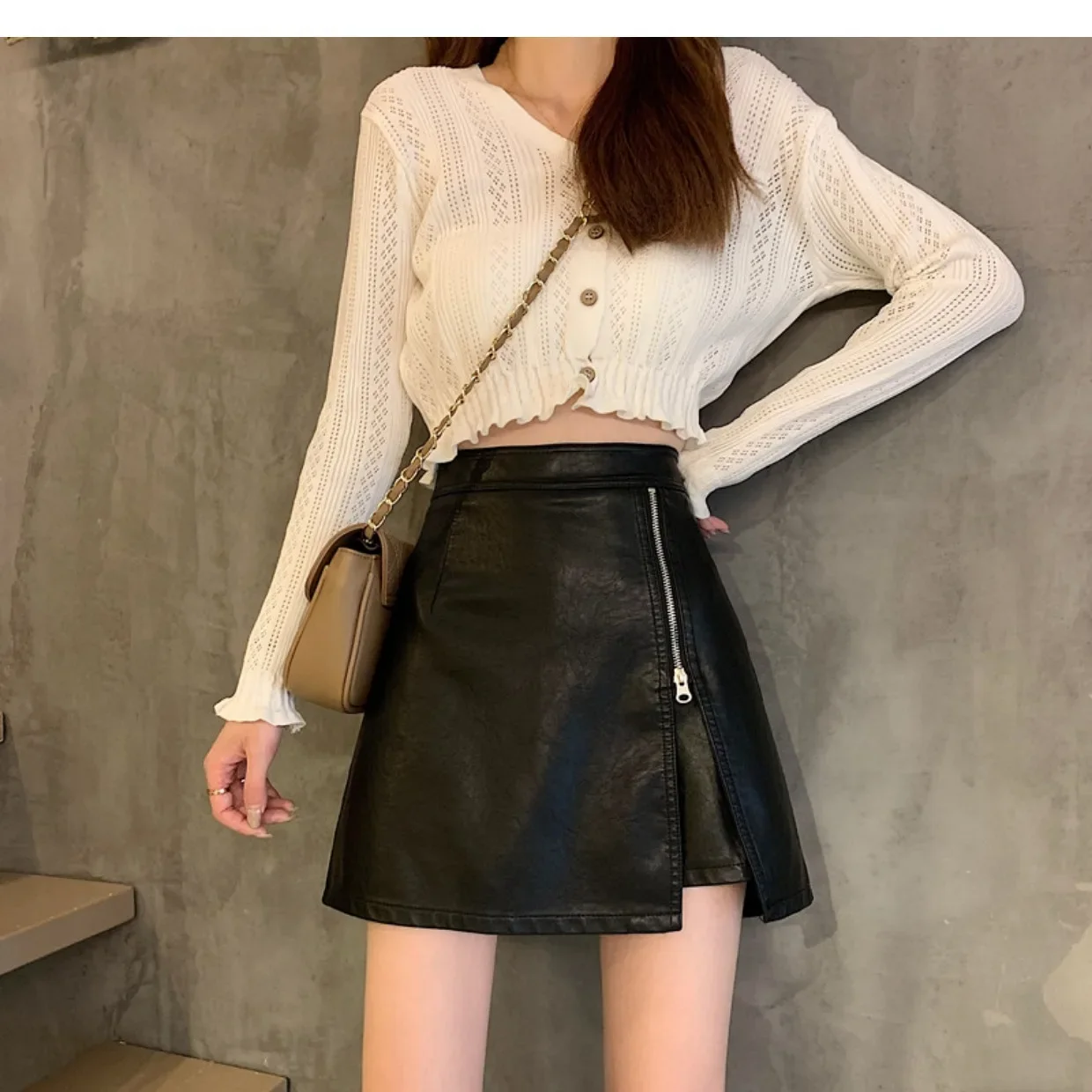 Minigonna in pelle PU alla moda a vita alta A-Line gonna corta con cerniera da donna primavera autunno gonna dimagrante gonna a mezza lunghezza 1