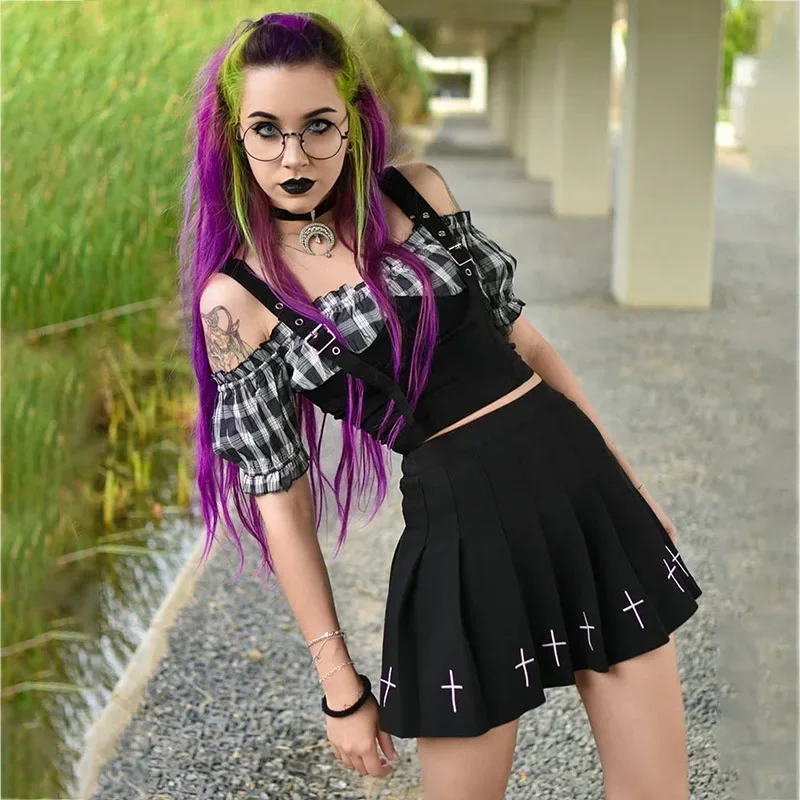 Minigonna Punk nera Streetwear vita alta Harajuku Rock Costume plissettato da donna per Goth Girl 3