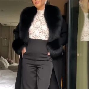 Cappotto di lana patchwork di pelliccia di volpe Donna Elegante scollo a V solido con lacci Cappotto allentato Lady Autunno Inverno Capispalla Highstreet quotidiano 1