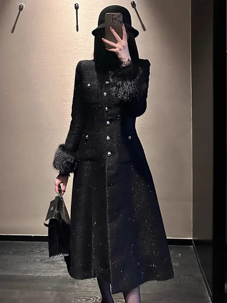 Elegante cappotto con collo in pelliccia ecologica inverno nuova moda Y2k nero addensato slim-fit ombrello in vita giacca lunga ispessita da donna 3