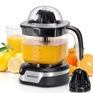 Aigostar Spremiagrumi elettrico, grande volume da 1,2 litri, Spremiagrumi con indicatore LED, 40W, 2 coni staccabili, Doppio Senso di Giro, Base in acciaio inox, Nero, Juicy 1