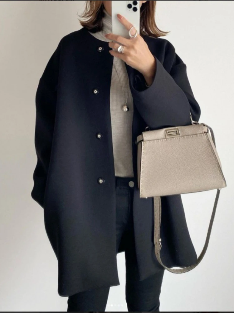 Cappotti eleganti in lana tinta unita da donna in stile giapponese Giacca casual ampia con bottoni ricoperti Autunno Inverno Capispalla in misto tutto-fiammifero 6