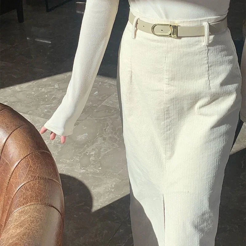 Gonne vintage in velluto a coste marrone Donna Autunno Inverno Elegante con cintura Gonna a tubino divisa Gonna longuette sottile a vita alta moda femminile 4