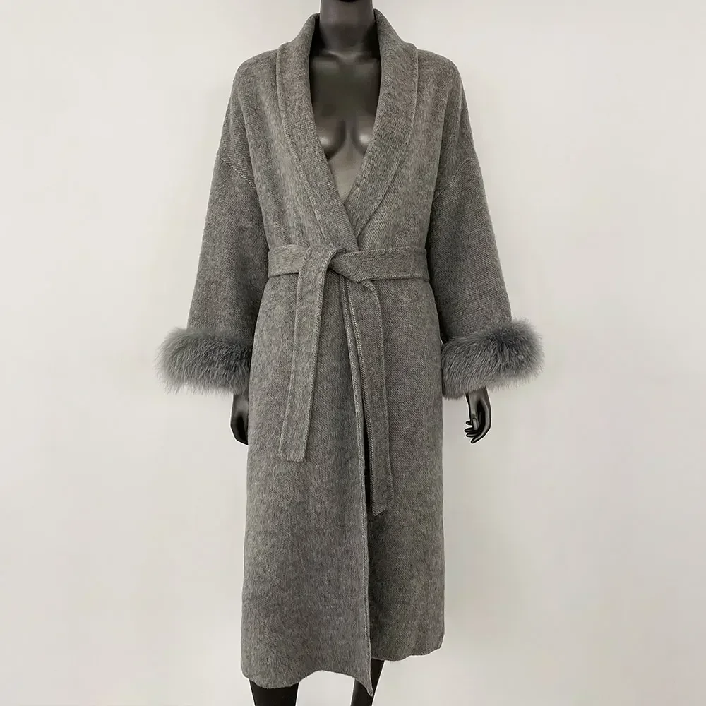 Cappotto in cashmere Giacca in lana double face Donna Polsini rimovibili Giacca in pelliccia di volpe Temperamento invernale Cappotto corto e lungo in vera lana 2