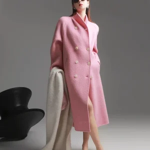 Cappotto di lana doppio petto con colletto alla coreana da donna, giacca lunga, moda elegante, autunno, inverno 1