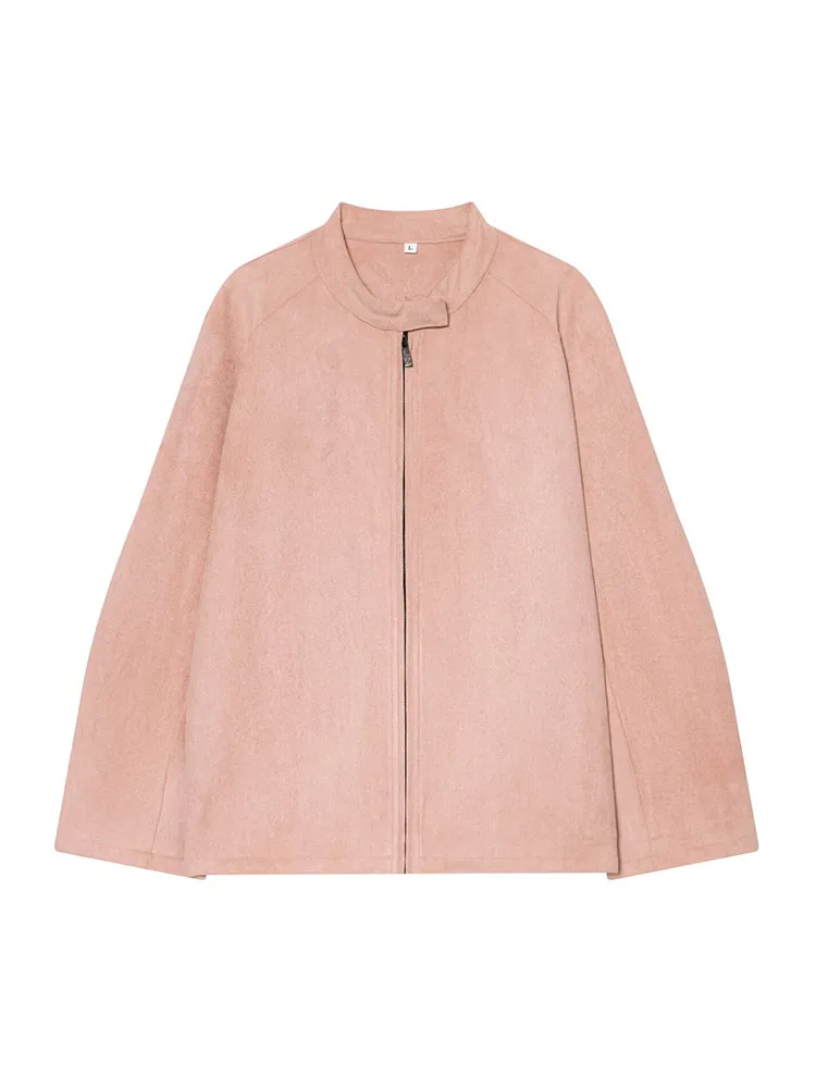 HH Donna Primavera Moda Colletto alla coreana Tinta unita Maniche lunghe Cerniera Giacca in pelle scamosciata Donna Chic Casual Sport Street Style Giacche 2