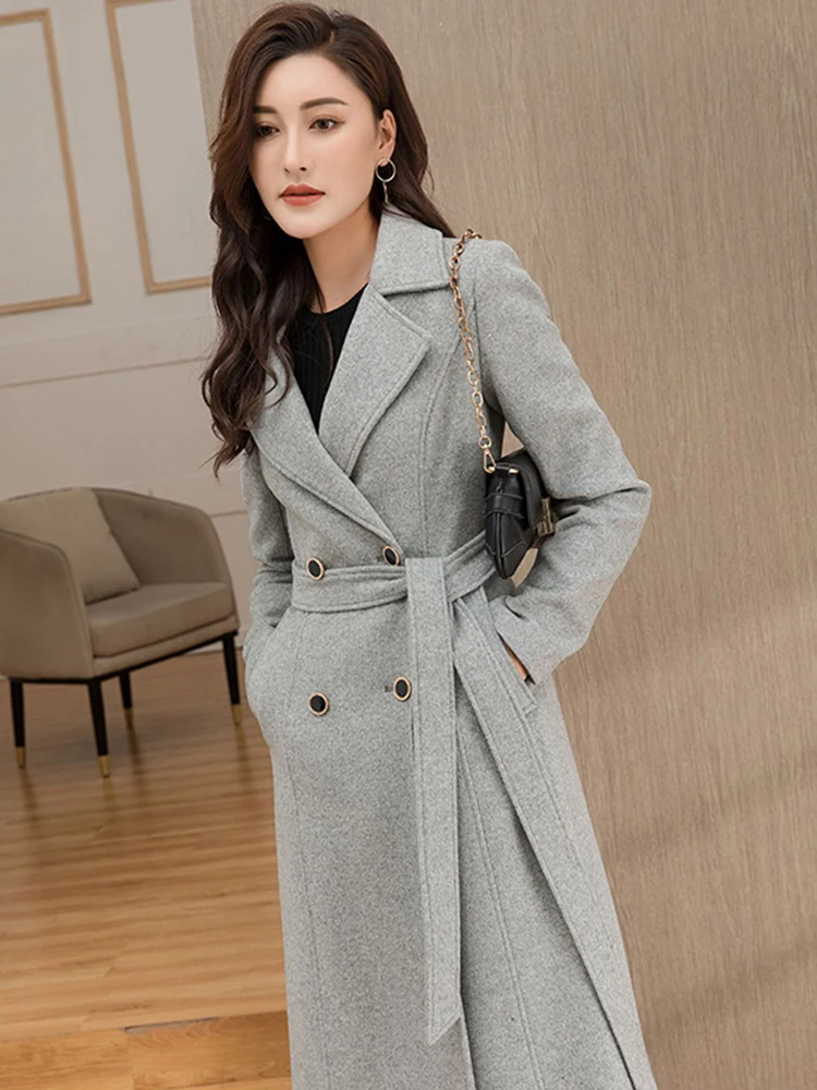 Nuovo Donne Lungo Cappotto di lana bianco Autunno Inverno Elegante Colletto del vestito Cintura Vita sottile Cappotto in misto lana Moda Lunghezza eccessiva Cappotto 3
