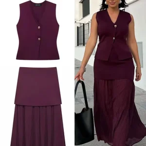 HH 2025 Set gonna da donna Vino rosso lavorato a maglia con scollo a V senza maniche Gilet sottile + Gonna lunga patchwork con cerniera a vita alta solida Street 1