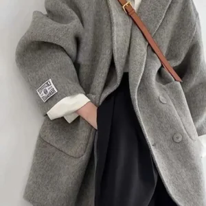[EWQ] Coreano Allentato Manica lunga Colletto rovesciato Cappotti di lana solidi Donna Cappotto in cashmere double face Inverno 2025 Autunno 16O1639 1
