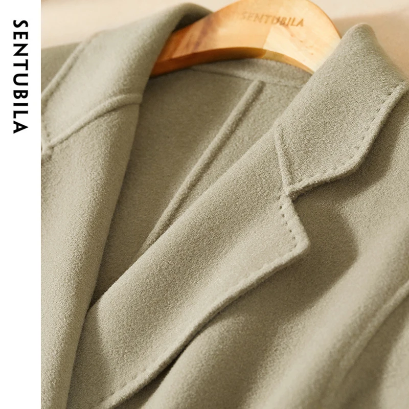 SENTUBILA Cappotto lungo in lana 100% per donna 2025 Inverno spesso sfoderato con cintura di media lunghezza caldo capispalla di alta qualità W44O56770X 6