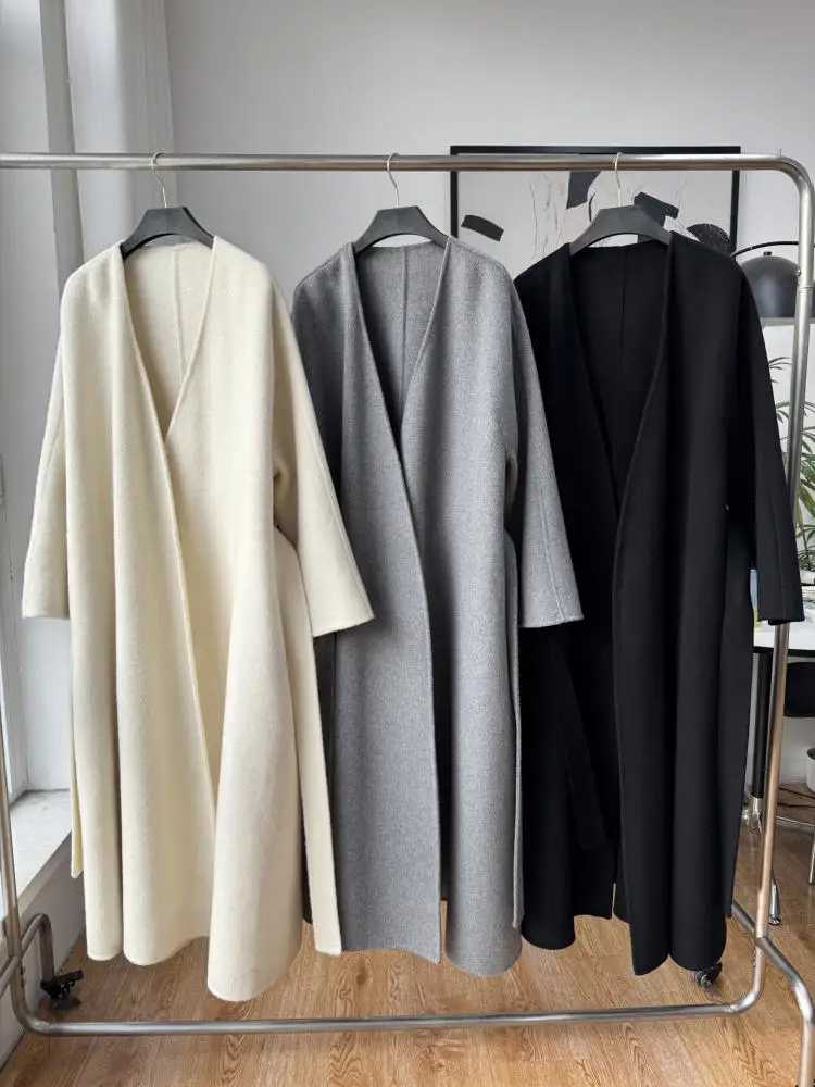 Giacche lunghe di lana da donna alla moda elegante 2025 Autunno e inverno Accappatoio con scollo a V Cappotti di lana X-Lunghi da donna larghi con lacci 5