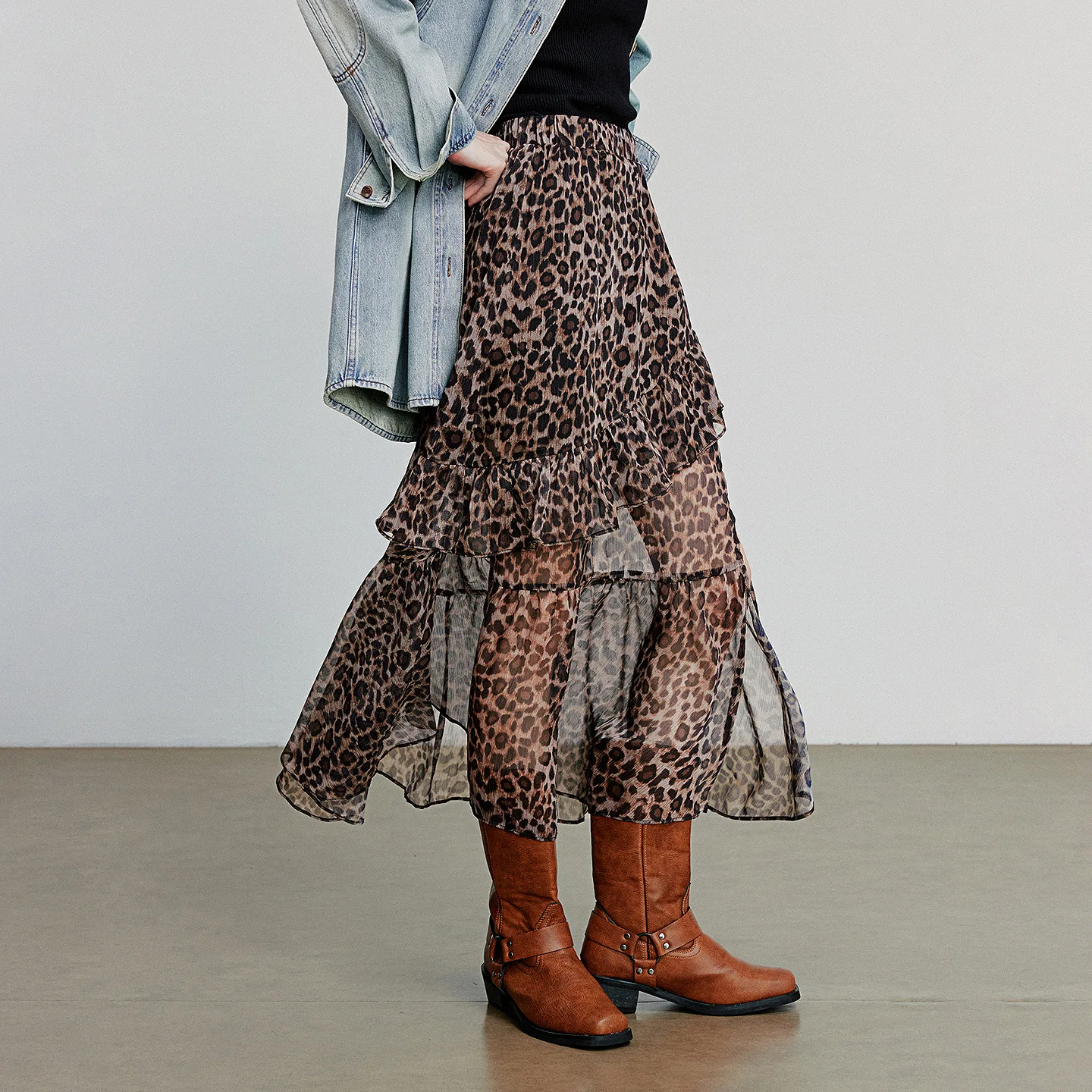 TOYOUTH Gonna alla caviglia da donna 2025 Autunno New Wilderness Nomadic Style Gonna elegante in chiffon con spacco aperto stampato leopardato 3