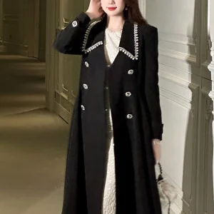 Giacca lunga elegante alla moda per donna Dolce celebrità Cappotto nero Cardigan femminile Capispalla Prom Evening Party Top Abbigliamento Lady 1