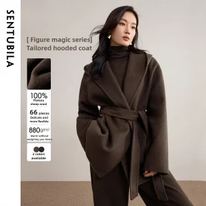 SENTUBILA Cappotto double face in lana 100% da donna 2025 Accappatoio invernale con cappuccio Giacca ampia Capispalla moda versatile W54OC2735 1