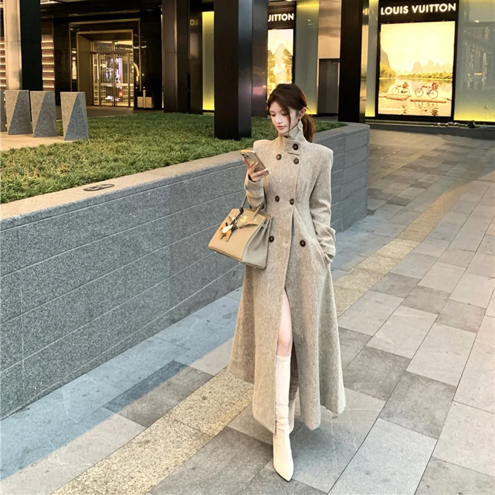 FZCSPEED Trench lungo da donna Colletto rialzato Cappotto in lana Cappotto doppiopetto alla moda per pendolari in vita Cachi 4