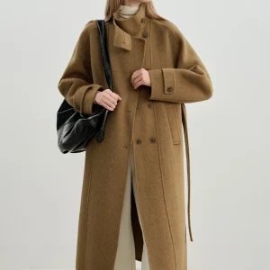 ZIQIAO Cappotto di lana con colletto alla coreana a doppia parte anteriore per donna 2025 Inverno Nuovo cappotto di media lunghezza Temperamento Elegante Vinatge Stile francese 1