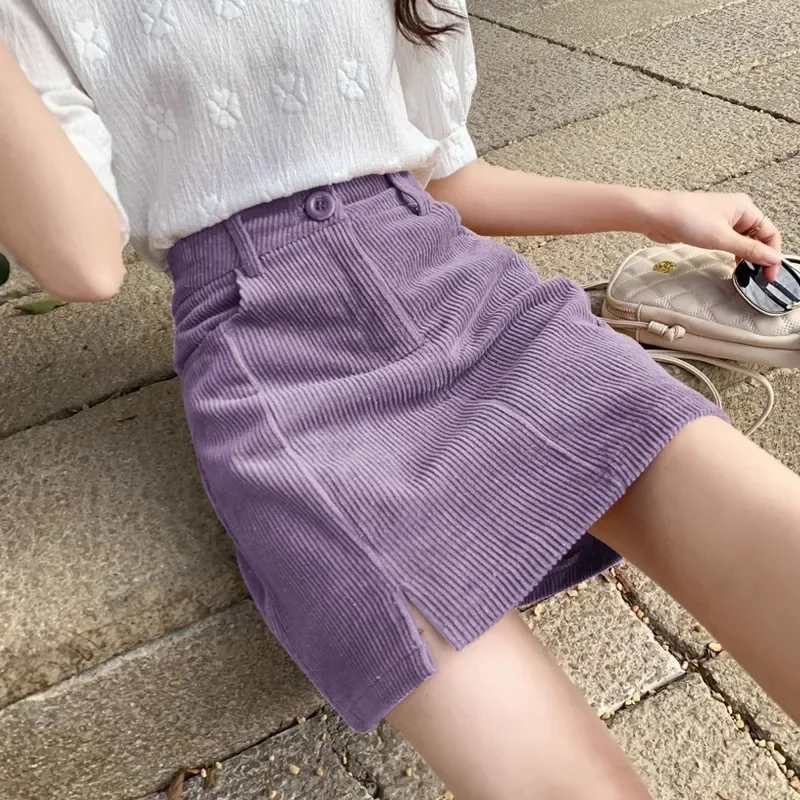 Minigonna a trapezio in velluto a coste viola stile Hong Kong Primavera Autunno da donna a vita alta dimagrante divisa semplice avvolgente aderente corto da sci 4