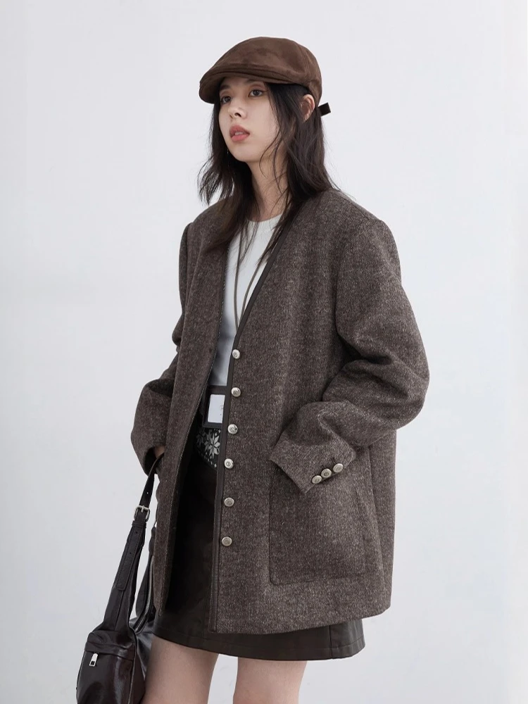 CHIC VEN Nuove donne cappotto di lana con scollo a V monopetto allentato casual retrò giacca trapuntata femminile di media lunghezza autunno inverno 2025 4
