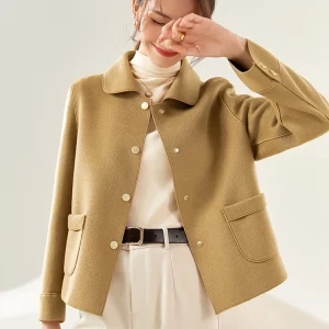 Sentubila 100% lana cappotto tasca caldo solido ufficio signora elegante moda Vintage colletto rovesciato donna 2023 cappotti W24O43399 1
