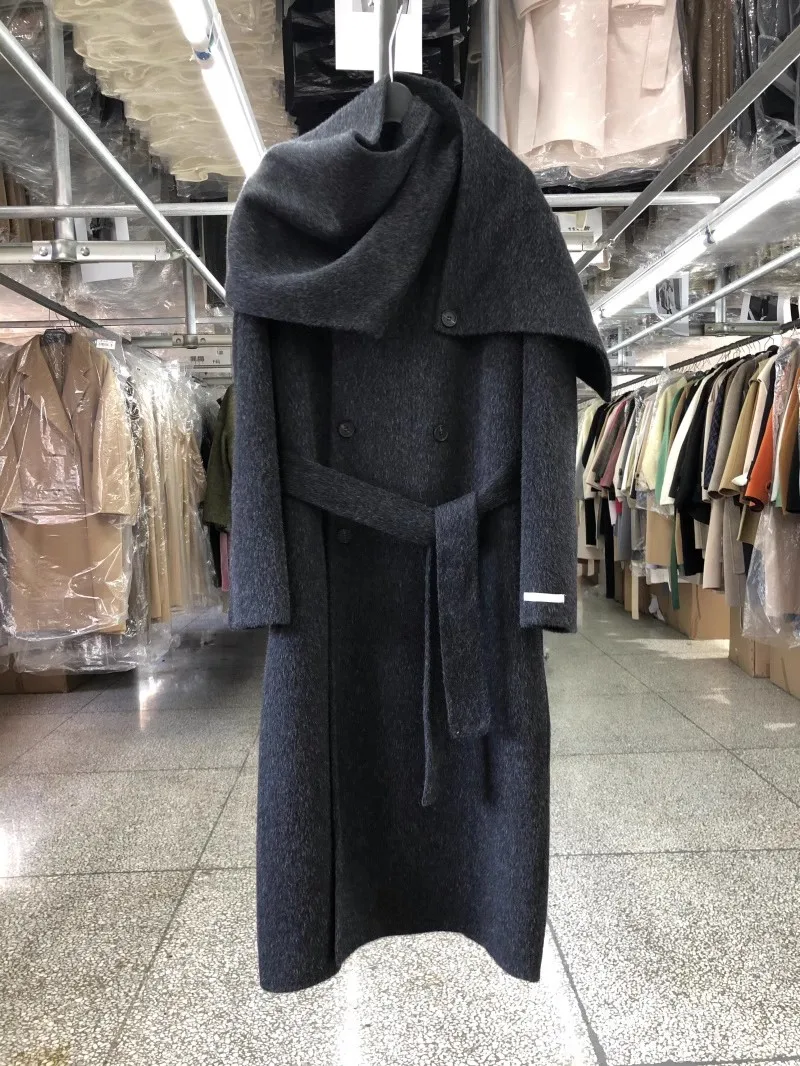 Elegante cappotto in lana doppio petto con colletto a sciarpa grande Giacca invernale in cashmere alla moda coreana allentata da donna 3