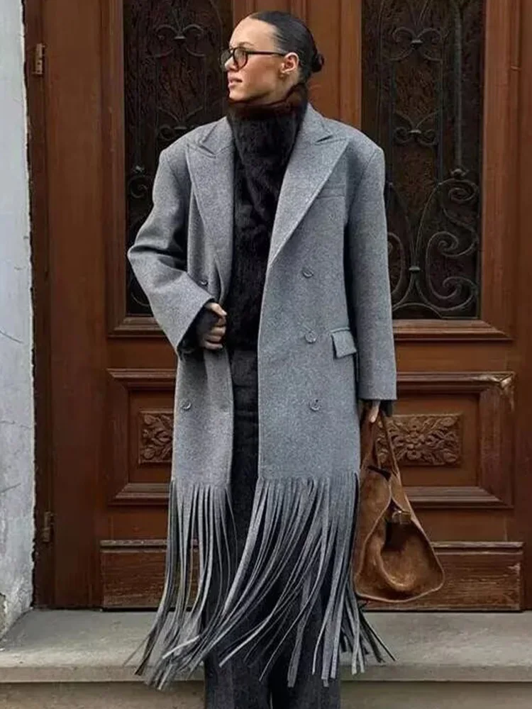 HH Giacca da donna in lana con risvolto doppio petto alla moda High Street Cappotto da tasca con decorazione sull'orlo con frange a maniche lunghe da donna invernale 6