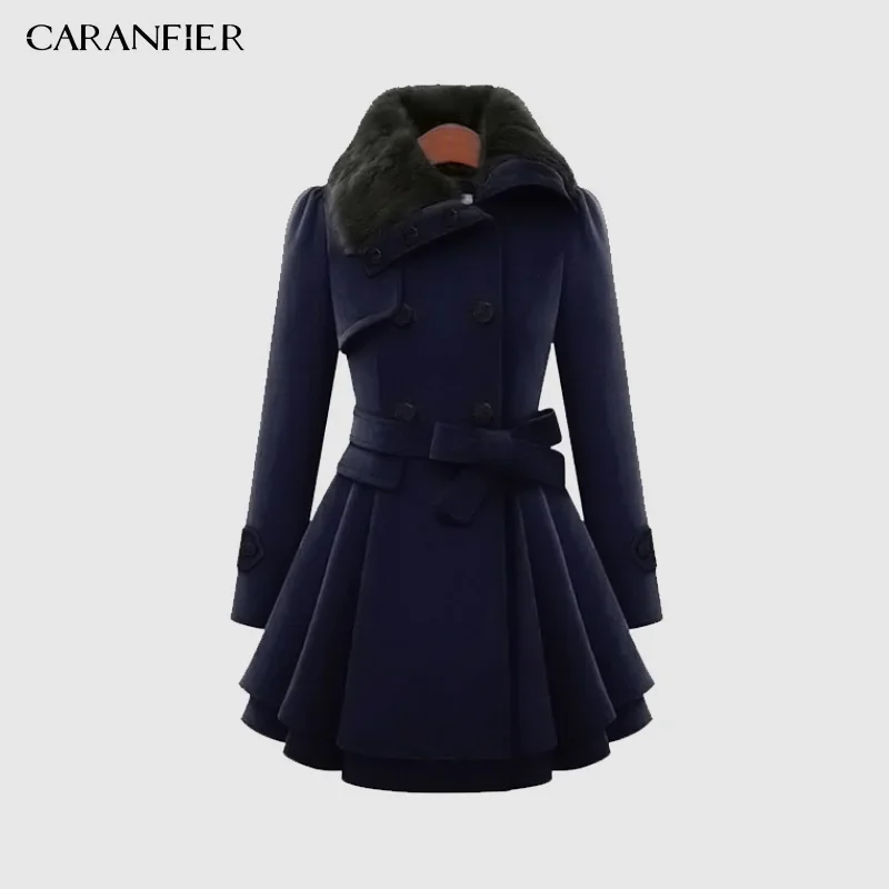 CARANFIER Cappotto da donna Nuovo stile Europa e America Abito da DONNA Slim Fit Lungo doppio petto Cappotto spesso con orlo Giacca di lana 3