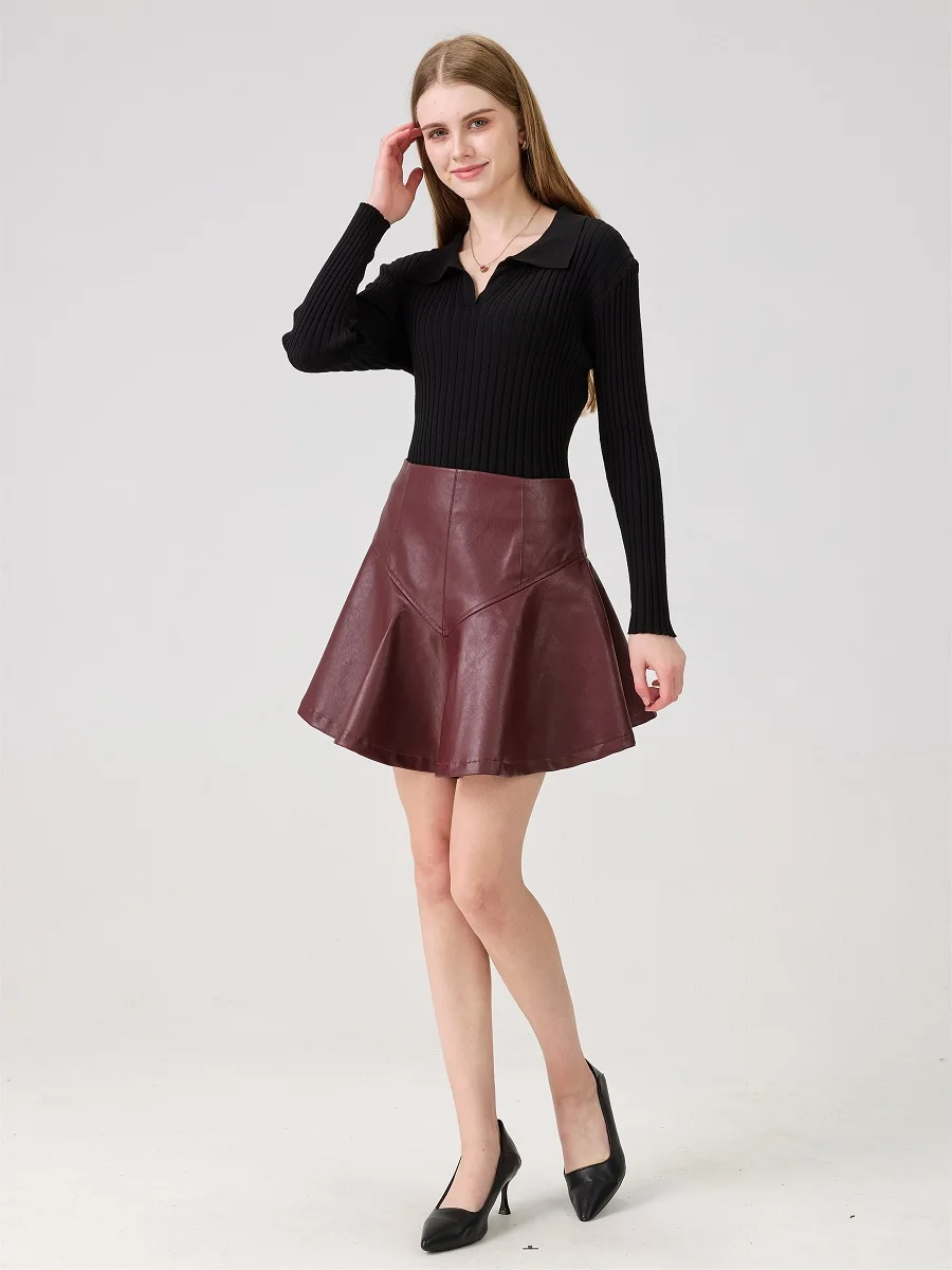 Gonna in pelle da donna invernale 2026, ecopelle, casual, a vita alta, gonna corta, nuova moda Y2K, festa, reggiseno con gonna altalena completa 3